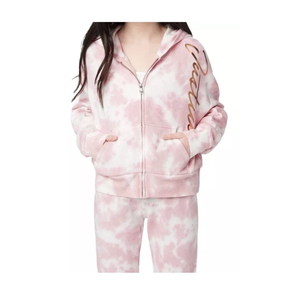 Justice Pink Tie Dye Rose Gold Foil Logo Zip Up Hoodie Jacket Size 12 Plus
